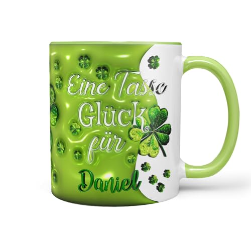 Keramiktasse Kaffeetasse | Spruch | Tasse Glück mit Wunschname | Geschenkidee für Freunde selbst Gestalten | Glücksbringer Kleeblatt | Lindgrün Keramik 330ml von Sunnywall