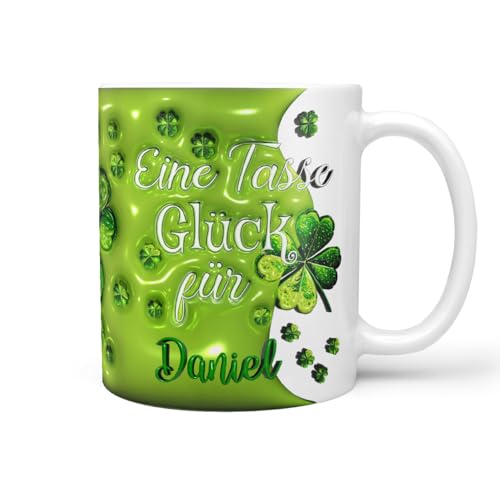 Keramiktasse Kaffeetasse | Spruch | Tasse Glück mit Wunschname | Geschenkidee für Freunde selbst Gestalten | Glücksbringer Kleeblatt | Weiss Keramik 330ml von Sunnywall