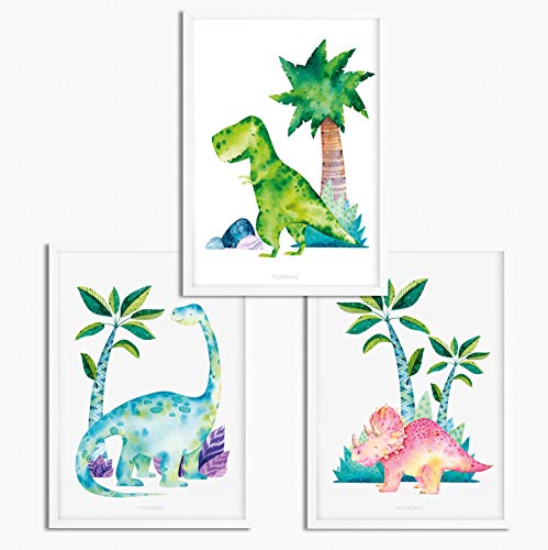 Sunnywall® 3er Set Poster Kinderzimmer - A4 Bilder Babyzimmer Kinderposter | OHNE Bilderrahmen | - Deko Junge | Dinosaurier Dino T-Rex Brachiosaurus Triceratops von Sunnywall