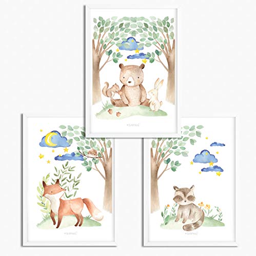 Sunnywall® 3er Set Poster Kinderzimmer - A4 Bilder Babyzimmer Kinderposter | OHNE Bilderrahmen | - Deko Mädchen Junge | (Woodland Waldtiere Gute Nacht, A4 (21 cm x 29,7 cm)) von Sunnywall