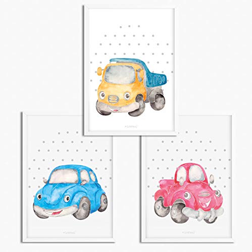 Sunnywall® 3er Set Poster Kinderzimmer - A4 Bilder Babyzimmer Kinderposter | OHNE Bilderrahmen | - Deko Mädchen Junge | Auto cars von Sunnywall