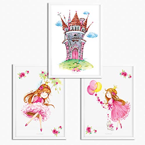 Sunnywall® 3er Set | Prinzessin rosa Schloss pink | Poster Kinderzimmer - A4 Bilder Babyzimmer Kinderposter | OHNE Bilderrahmen | - Deko Mädchen von Sunnywall