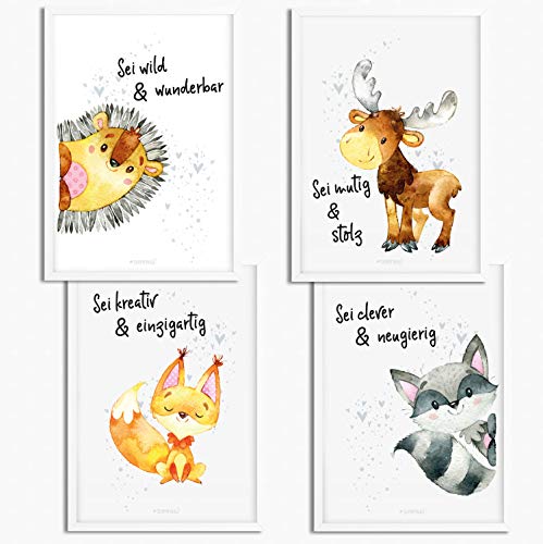 Sunnywall® 4er Set Igel Fuchs Eichhörnchen Elch Waschbär Waldtiere Poster Kinderzimmer - A4 Bilder Babyzimmer Kinderposter | OHNE Bilderrahmen | - Deko Mädchen Junge von Sunnywall