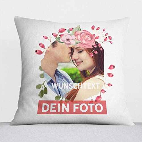 Sunnywall® Kissen selbst gestalten mit eigenem Foto – Fotokissen individuell personalisiert Foto Layout (40 x 40 Blumenkranz, weiß flauschig samtweich) von Sunnywall