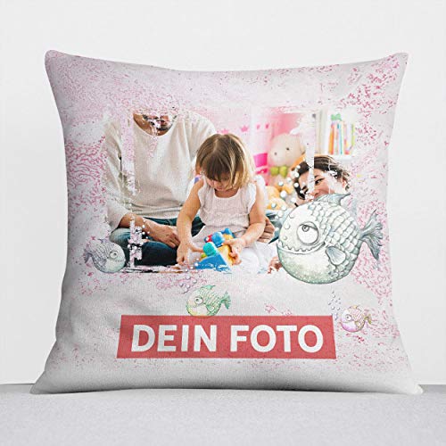 Sunnywall® Kissen selbst gestalten mit eigenem Foto – Fotokissen individuell personalisiert Foto Layout (40 x 40 Fische Mädchen rosa, weiß flauschig samtweich) von Sunnywall