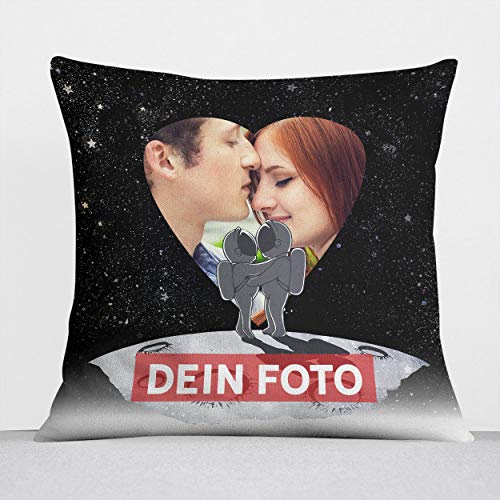 Sunnywall® Kissen selbst gestalten mit eigenem Foto – Fotokissen individuell personalisiert Foto Layout (40 x 40 Weltraumliebe Sterne Mond und zurück, weiß flauschig samtweich) von Sunnywall