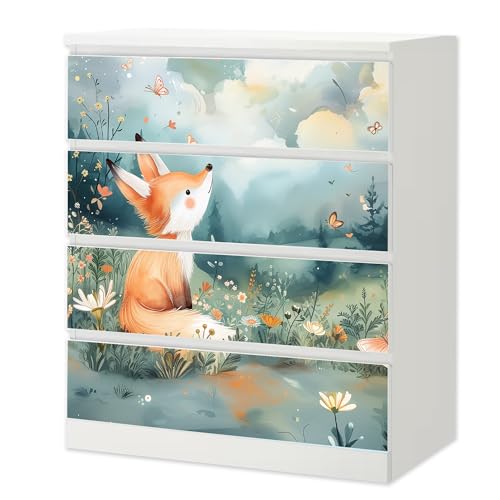 Sunnywall® Möbelfolie passend für IKEA Malm Kommode Schrankfolie Aufkleber mit Fuchs auf Wiese Motiv | blasenfrei verkleben | Kinderzimmer 4er 80 cm von Sunnywall