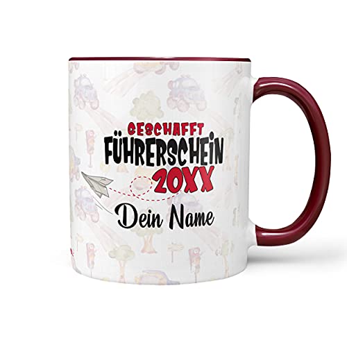 Sunnywall® Tasse Führerschein-Tasse Führerschein 20XX - Wähle dein Jahr und Namen zum erfolgreichen Führerschein inkl. Geschenkkarte Rot von Sunnywall