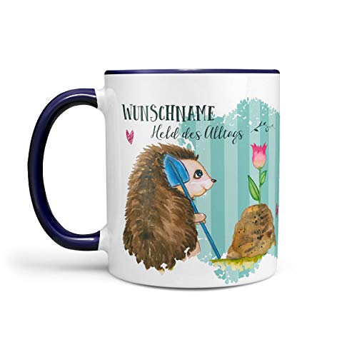 Sunnywall® Tasse Wunschname Igel mit Blume Held des Alltags niedlich Kaffeebecher individuell Lieblingstasse Geburtstag personalisiert Geschenk-Tasse inkl. Geschenkkarte (Tasse blau) von Sunnywall