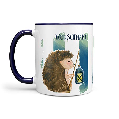 Sunnywall® Tasse Wunschname Igel mit Laterne niedlich Kaffeebecher individuell Lieblingstasse Geburtstags-Tasse personalisiert Geschenk-Tasse inkl. Geschenkkarte (Tasse blau) von Sunnywall