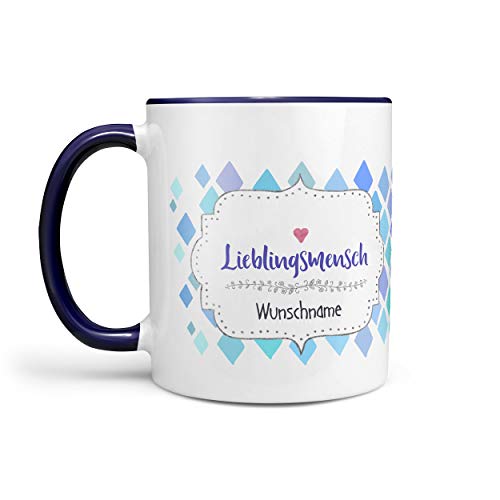 Sunnywall® Tasse Wunschname Lieblingsmensch Kaffeebecher individuell Lieblingstasse Geburtstags-Tasse personalisiert Geschenk-Tasse inkl. Geschenkkarte (Blau) von Sunnywall