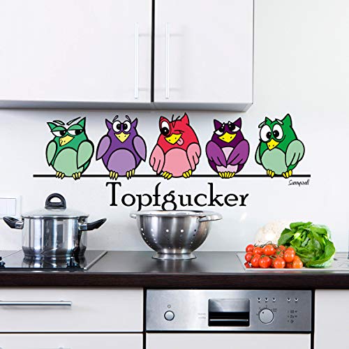 Sunnywall® Wandtattoo Wandaufkleber Topfgucker Eulen Vögel Kochen Küche Deko Essen Wandsticker (60,00 cm x 22,00 cm (Gr1), bunt) von Sunnywall