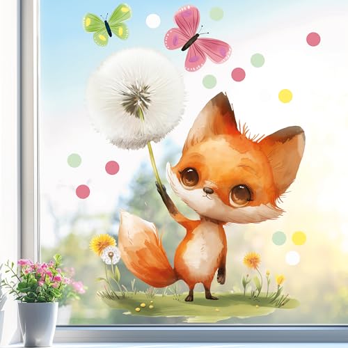 Sunnywall Fensterbild Fensterdeko Fuchs Pusteblume Fensteraufkleber statisch selbstklebend beidseitiger Druck Aufkleber Fenstersticker WIEDERVERWENDBAR A2 von Sunnywall