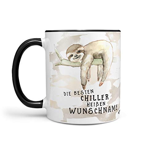 Sunnywall Faultier-Tasse Kaffeebecher Wunsch-Tasse Geburtstags-Tasse Geschenk-Tasse inkl. gratis Geschenkkarte die besten Chiller heißen Wunschname (schwarz) von Sunnywall