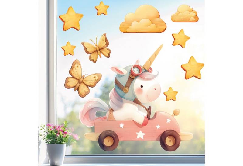 Sunnywall Fensterbild wiederverwendbares Fensterbild Einhorn in Rennauto in Holz-Optik, wiederverwendbar, statisch haftend, beidseitiger Druck, nachhaltig von Sunnywall