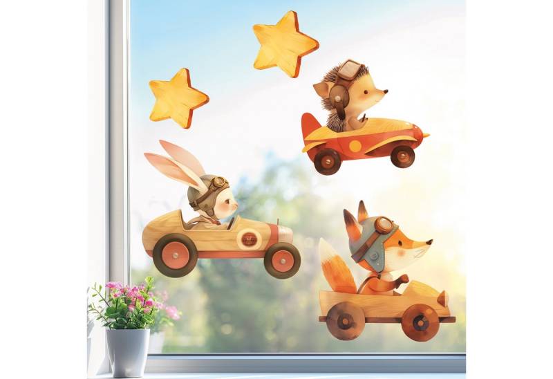 Sunnywall Fensterbild wiederverwendbares Fensterbild Waldtiere in Rennautos in Holz-Optik, wiederverwendbar, statisch haftend, beidseitiger Druck, nachhaltig von Sunnywall