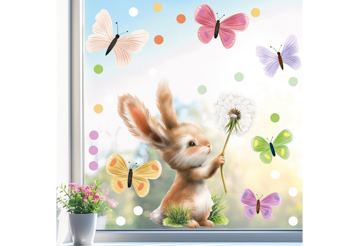 Sunnywall Fensterdekoration wiederverwendbare Fensterbilder Hase Pusteblume Schmetterlinge, wiederverwendbar, statisch haftend, beidseitiger Druck, nachhaltig von Sunnywall