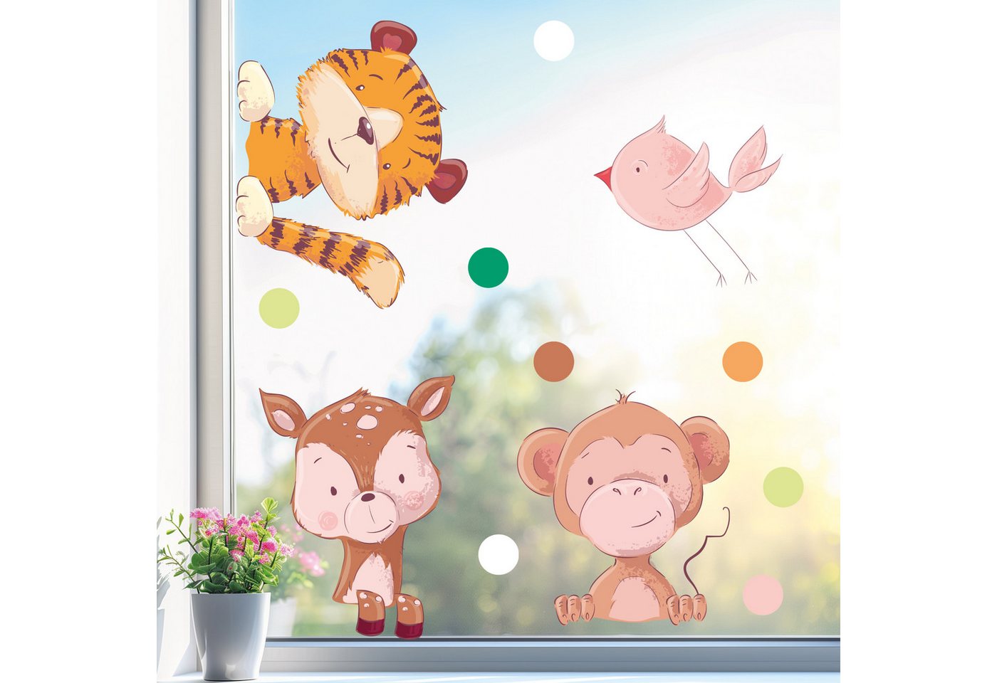 Sunnywall Fensterdekoration wiederverwendbares Fensterbild Tiger Rehkid Affe Vogel, wiederverwendbar, statisch haftend, beidseitiger Druck, nachhaltig von Sunnywall