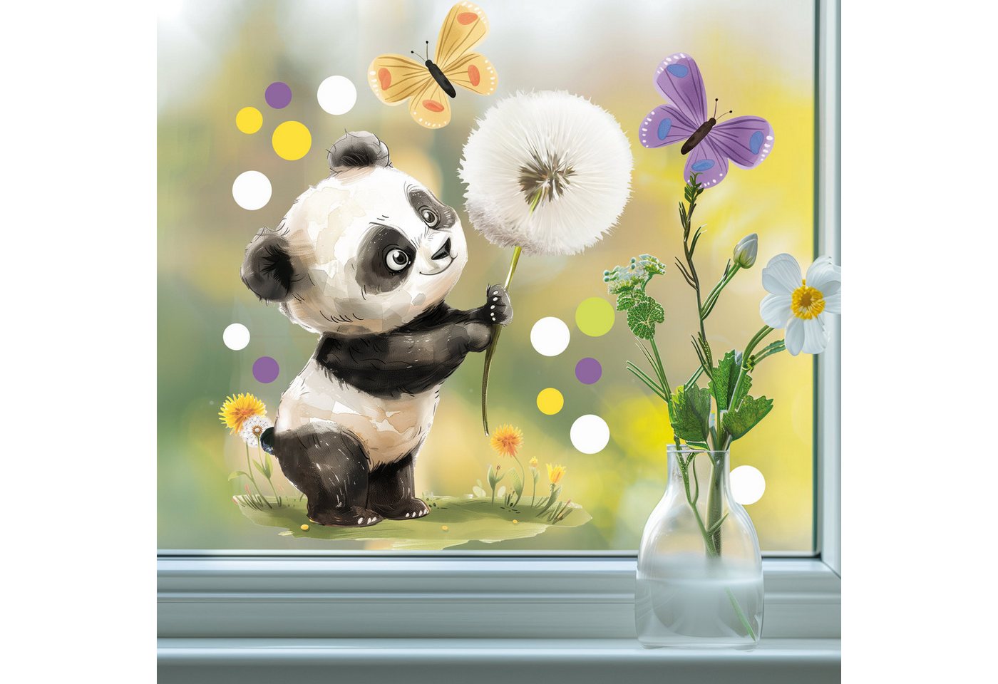 Sunnywall Fensterdekoration wiederverwendbares Fensterbild niedlicher Panda mit Pusteblume, wiederverwendbar, statisch haftend, beidseitiger Druck, nachhaltig von Sunnywall