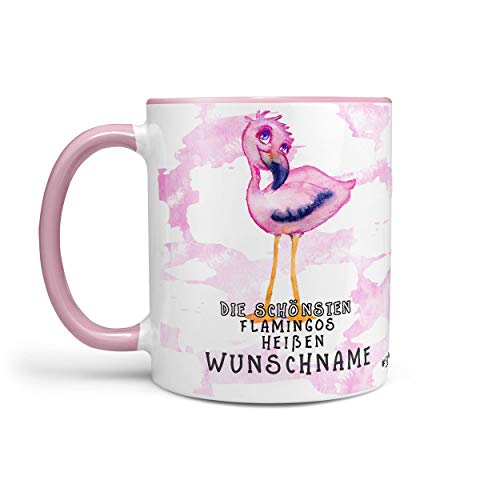 Sunnywall Flamingo-Tasse Kaffeebecher Wunsch-Tasse Geburtstags-Tasse Geschenk-Tasse inkl. gratis Geschenkkarte Die schönsten Flamingos heißen Wunschname (rosa) von Sunnywall