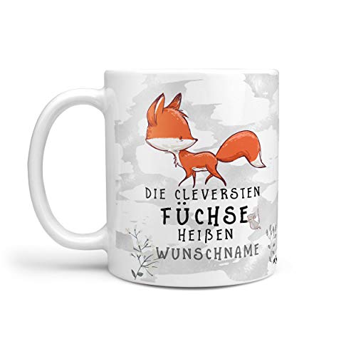 Sunnywall Fuchs-Tasse Kaffeebecher Wunsch-Tasse Geburtstags-Tasse Geschenk-Tasse schwarz inkl. gratis Geschenkkarte Der cleversten Füchse heißen Wunschname (Weiss) von Sunnywall