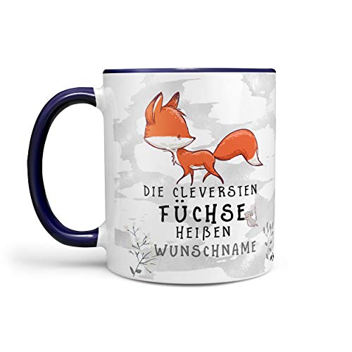 Sunnywall Fuchs-Tasse Kaffeebecher Wunsch-Tasse Geburtstags-Tasse Geschenk-Tasse schwarz inkl. gratis Geschenkkarte Der cleversten Füchse heißen Wunschname (blau) von Sunnywall