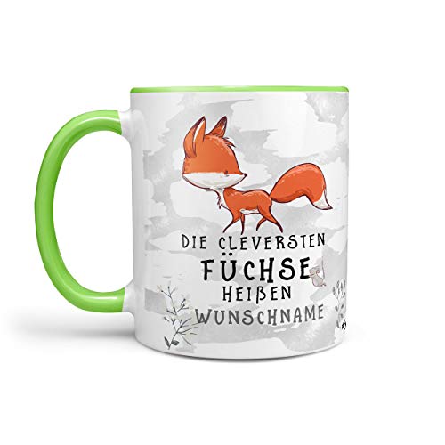 Sunnywall Fuchs-Tasse Kaffeebecher Wunsch-Tasse Geburtstags-Tasse Geschenk-Tasse schwarz inkl. gratis Geschenkkarte Der cleversten Füchse heißen Wunschname (grün) von Sunnywall