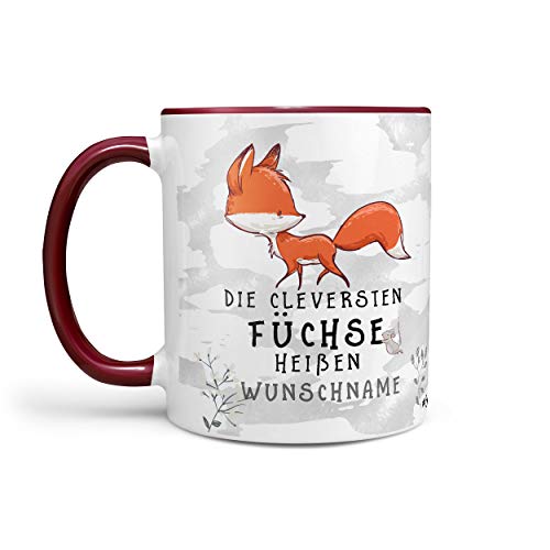 Sunnywall Fuchs-Tasse Kaffeebecher Wunsch-Tasse Geburtstags-Tasse Geschenk-Tasse schwarz inkl. gratis Geschenkkarte Der cleversten Füchse heißen Wunschname (rotbraun) von Sunnywall