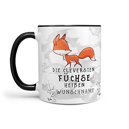 Sunnywall Fuchs-Tasse Kaffeebecher Wunsch-Tasse Geburtstags-Tasse Geschenk-Tasse schwarz inkl. gratis Geschenkkarte Der cleversten Füchse heißen Wunschname (schwarz) von Sunnywall