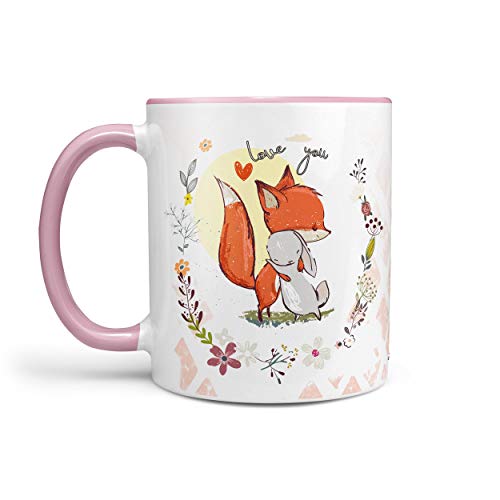 Sunnywall Fuchs Tassen-Auswahl Kaffeebecher Lieblingstasse inkl. gratis Geschenkkarte (Fuchs & Hase kuscheln rosa) von Sunnywall