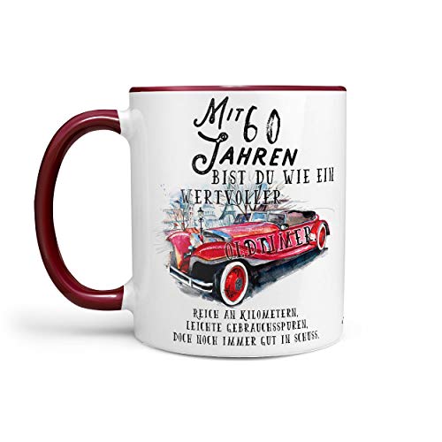 Sunnywall Fun Tasse mit wertvoll Oldtimer Spruch zum 30. 40. 50. 60. 70. 80. Wunschjahr Geburtstag Kaffeetasse gratis Geschenkkarte (60 Jahre) von Sunnywall
