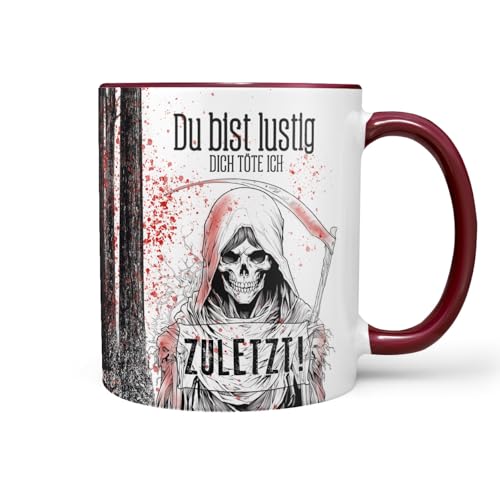 Sunnywall Keramiktasse 330ml: Du bist lustig - dich töte ich zuletzt - Lustiges Statement mit Reaper, Tod & Skelett Hochzeitsgeschenk (Rote Keramiktasse) von Sunnywall