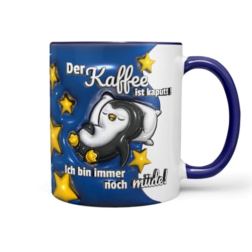 Sunnywall Keramiktasse 330ml: Pinguin - Kaffee ist kaputt - Niedlicher Spruch mit Pinguin, freches Design für Kaffeegenuss (Blau|Blau) von Sunnywall