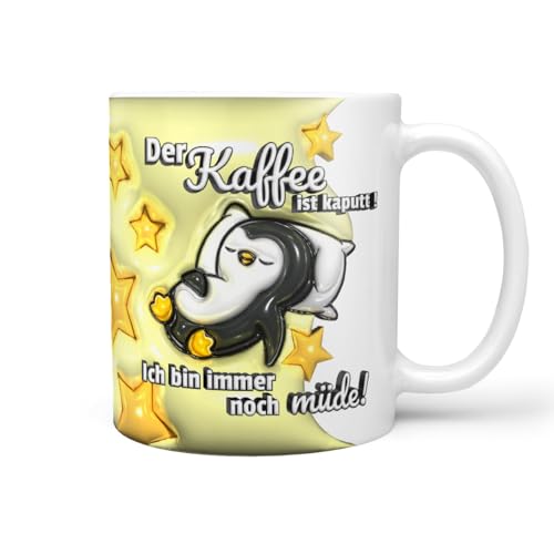 Sunnywall Keramiktasse 330ml: Pinguin - Kaffee ist kaputt - Niedlicher Spruch mit Pinguin, freches Design für Kaffeegenuss (Gelb|Weiss) von Sunnywall