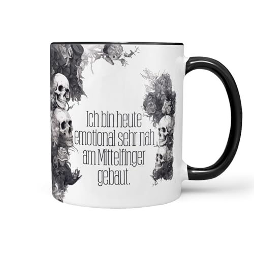 Sunnywall Keramiktasse Kaffeetasse Tasse mit Spruch Statement Ich bin heute Emotional sehr nah am MIttelfinger gebaut - Sarkasmus - lustig - Skull - Skelett Keramik 330ml von Sunnywall