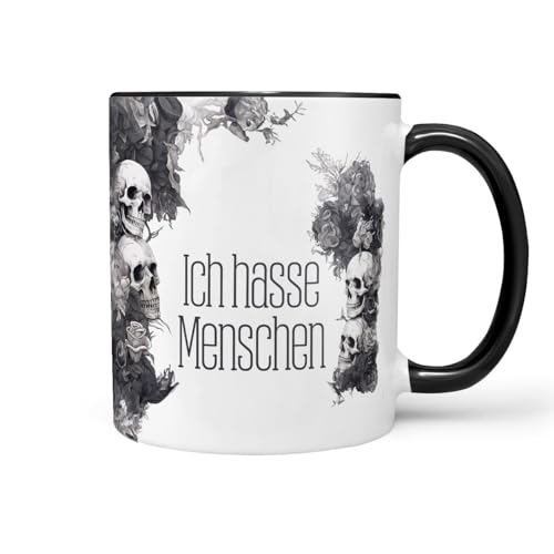 Sunnywall Keramiktasse Kaffeetasse Tasse mit Spruch Statement Ich hasse Menschen - Sarkasmus - lustig - Skull - Skelett Keramik 330ml von Sunnywall