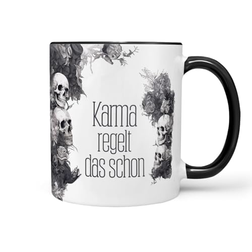 Sunnywall Keramiktasse Kaffeetasse Tasse mit Spruch Statement Karma regelt das schon - Sarkasmus - lustig - Skull - Skelett Keramik 330ml von Sunnywall