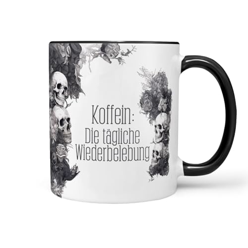 Sunnywall Keramiktasse Kaffeetasse Tasse mit Spruch Statement Koffein: Die tägliche Wiederbelebung - Sarkasmus - lustig - Skull - Skelett Keramik 330ml von Sunnywall