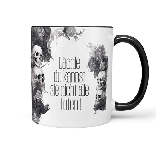 Sunnywall Keramiktasse Kaffeetasse Tasse mit Spruch Statement Lächle du kannst sie nicht alle töten ! - Sarkasmus - lustig - Skull - Skelett Keramik 330ml von Sunnywall