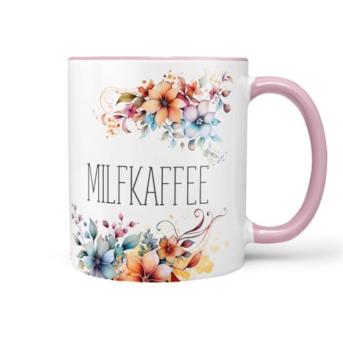 Sunnywall Keramiktasse Kaffeetasse Tasse mit Spruch Statement Milfkaffee - Blumen - lustig Keramik 330ml (Rosa Keramiktasse) von Sunnywall