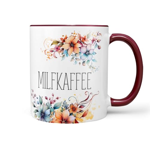 Sunnywall Keramiktasse Kaffeetasse Tasse mit Spruch Statement Milfkaffee - Blumen - lustig Keramik 330ml (Rote Keramiktasse) von Sunnywall