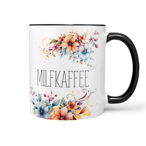 Sunnywall Keramiktasse Kaffeetasse Tasse mit Spruch Statement Milfkaffee - Blumen - lustig Keramik 330ml (Schwarze Keramiktasse) von Sunnywall
