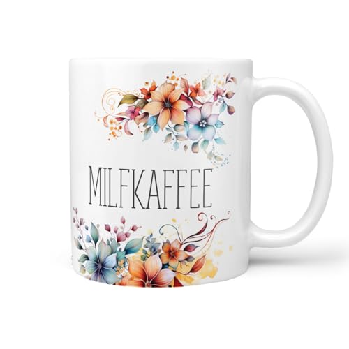 Sunnywall Keramiktasse Kaffeetasse Tasse mit Spruch Statement Milfkaffee - Blumen - lustig Keramik 330ml (Weiße Keramiktasse) von Sunnywall