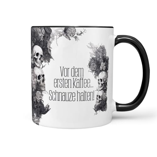 Sunnywall Keramiktasse Kaffeetasse Tasse mit Spruch Statement Vor dem ersten Kaffee... Schnauze halten ! - Sarkasmus - lustig - Skull - Skelett Keramik 330ml von Sunnywall
