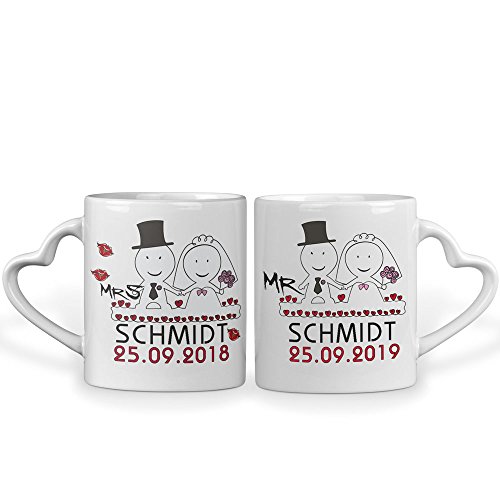 Sunnywall MOTIVAUSWAHL 2er Set - Partnertassen weiße Tassen aus Keramik mit Herzhenkel Aufdruck – Mr. & Mr. – Personalisiert mit [Namen] und [Datum] Hochzeitsgeschenk Geschenkidee (86-Herztasse-Duo) von Sunnywall