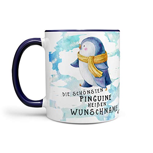 Sunnywall Pinguin-Tasse Kaffeebecher Wunsch-Tasse Geburtstags-Tasse Geschenk-Tasse inkl. gratis Geschenkkarte Die schönsten Pinguine heißen Wunschname (blau) von Sunnywall