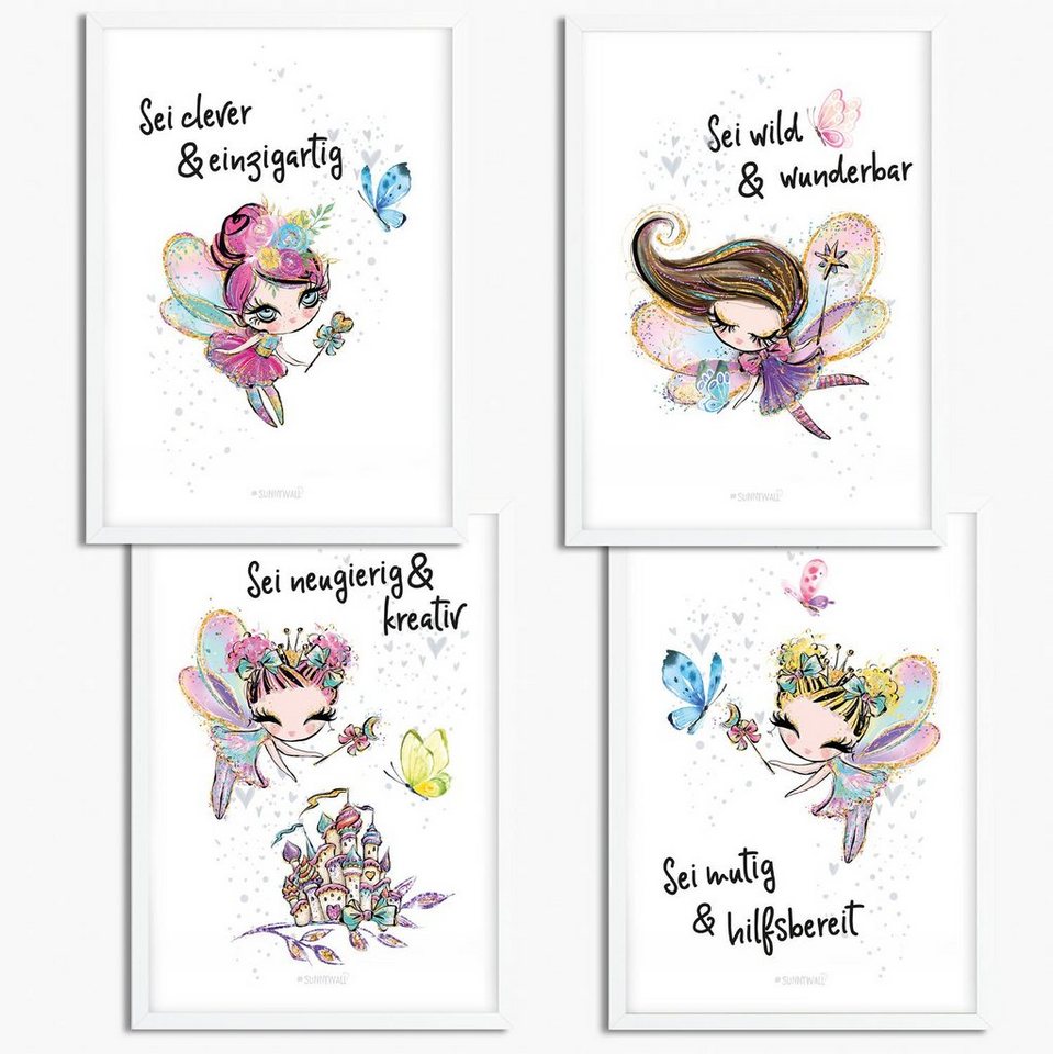 Sunnywall Poster Poster Kinderzimmer Feen mit Spruch (4er Set), Fee (Set, 4 St), ungerahmt von Sunnywall