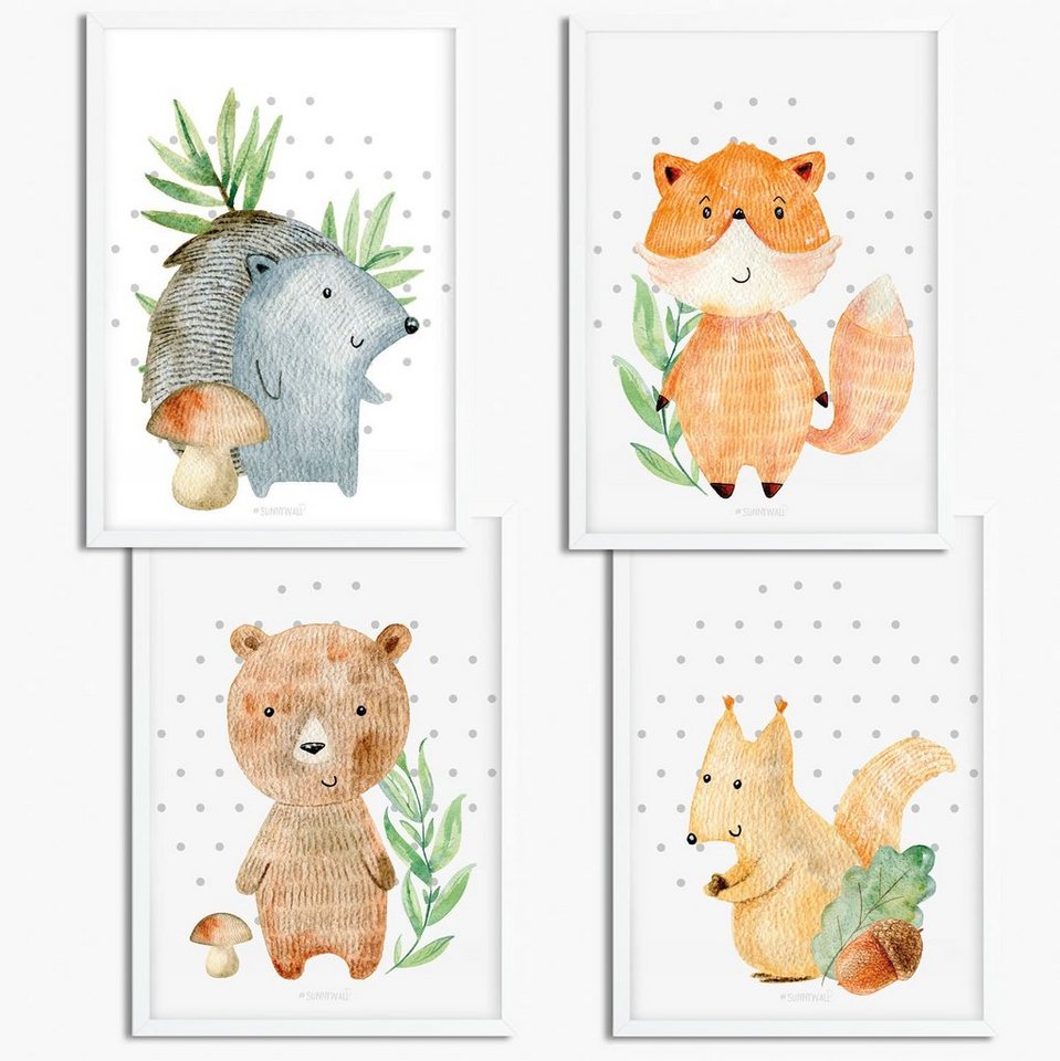 Sunnywall Poster Poster Kinderzimmer Fuchs Igel Bär Waldtiere Woodland (4er Set), Fuchs, Igel Bär (Woodland-Waldtiere) (Set, 4 St), ungerahmt von Sunnywall