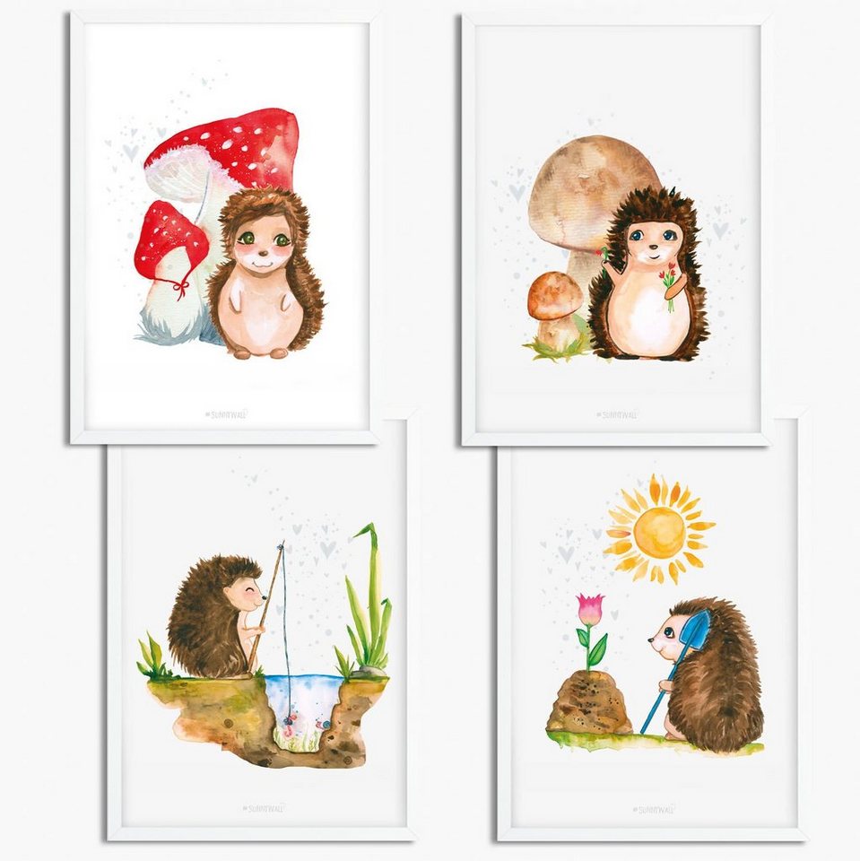 Sunnywall Poster Poster Kinderzimmer Igel Familie (4er Set), Igel Famlie (Set, 4 St), ungerahmt von Sunnywall