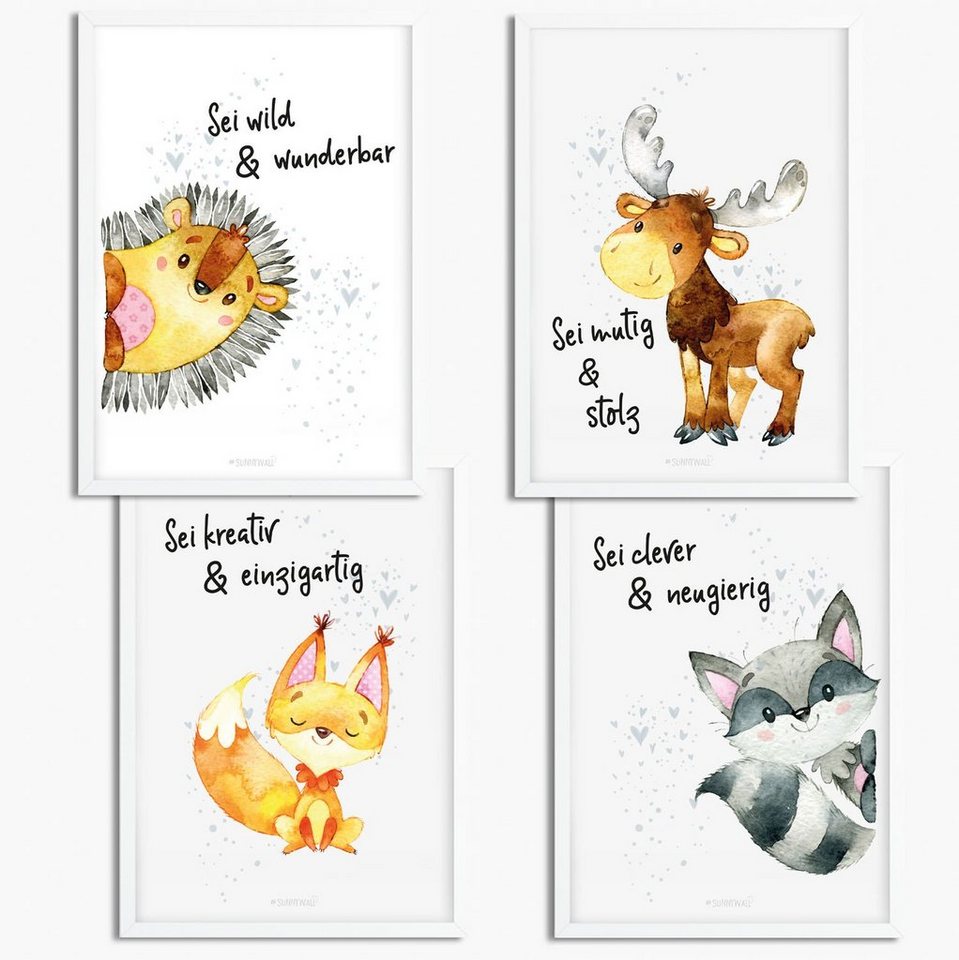 Sunnywall Poster Poster Kinderzimmer Igel Waschbär Elch Waldtiere mit Spruch (4er Set), Igel, Waschbär, Eichhörnchen & Elch (Waldtiere) (Set) von Sunnywall